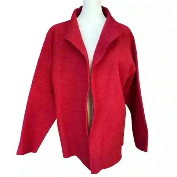 Eileen Fisher 100% Boiled Wool Women’s Jacket Red Sz S Cowl Cape Oversized - Picture 5 of 11